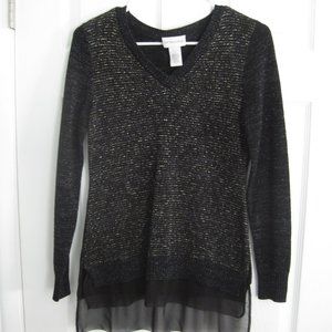 Soft Surroundings Black V-Neck Shimmer Sweater XS Holiday Tunic Top Wool Blend